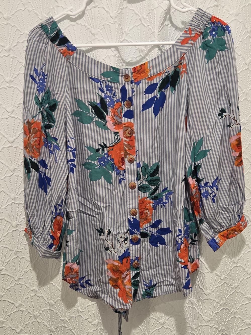 Anthropologie Striped Button-Front Floral Off-Shoulder Top - Blue/Green/Orange